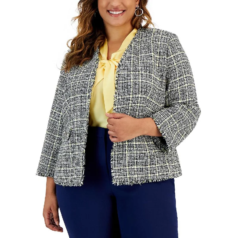 Kasper Womens Plus Tweed Fringe Trim Open-Front Blazer