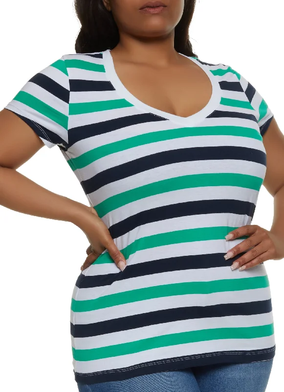 Plus Size Striped V Neck Short Sleeve Tee