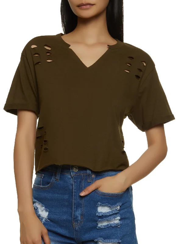 Solid Laser Cut Cropped T Shirt