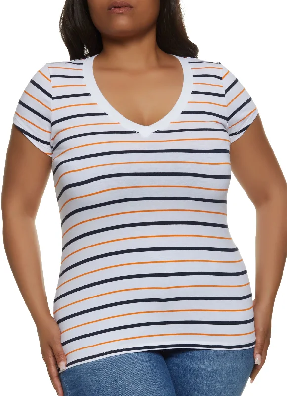 Plus Size Basic Striped V Neck Tee