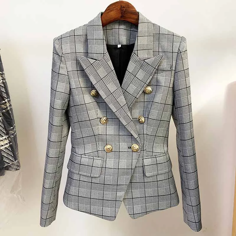 Women's Double Breasted Lion Button Blazer Slim Fitting Plaid Jacket