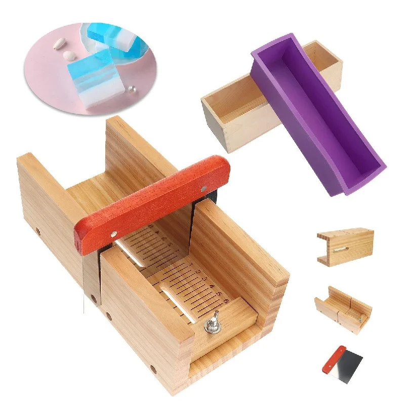 Soap Loaf Making Cutting Molds Kit with Silicone Mold Wooden Cutter Mold Stainless Steel Cutters Slice