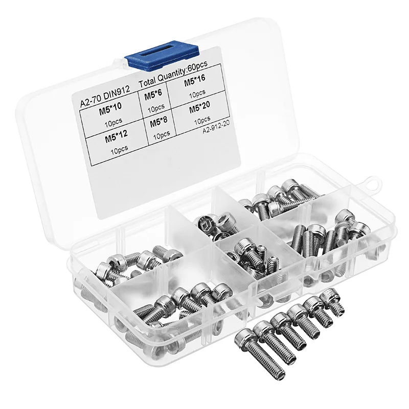 Suleve™ M5SH1 60Pcs M5 Stainless Steel 6-20Mm Hex Socket Cap Head Screw Allen Bolt Assortment Kit