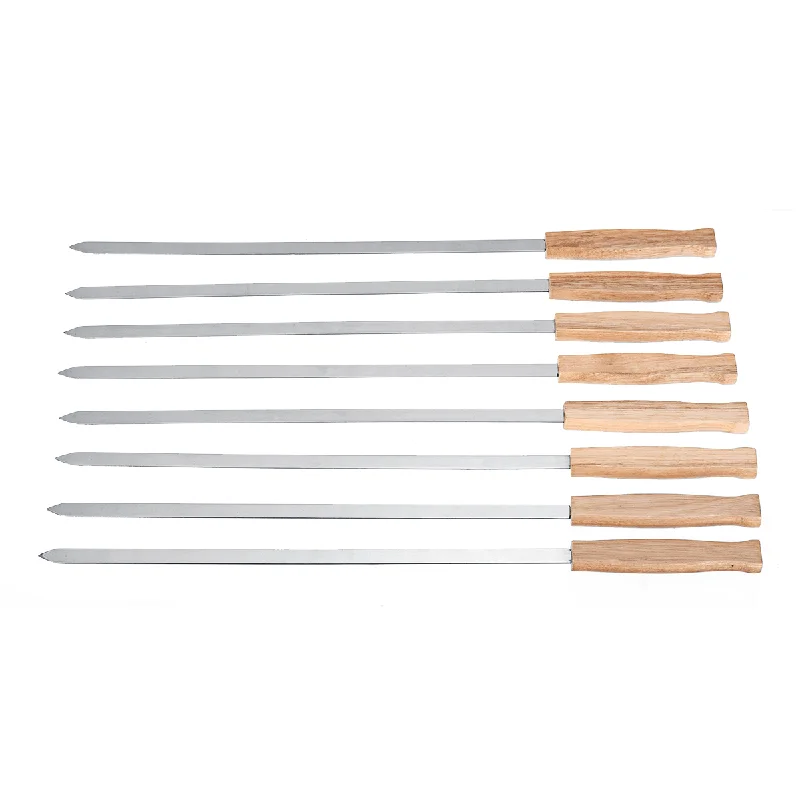 6Pcs Kebab BBQ Stainless Steel Skewers with Wooden Handles Roasting Pin Barbecue Fork Wooden Handle for Picnic