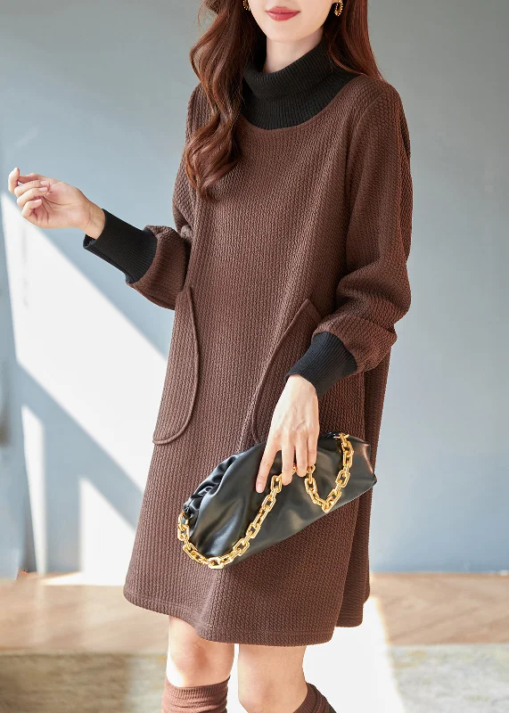 Classy Chocolate High Neck Patchwork Thick Knit Dress Spring