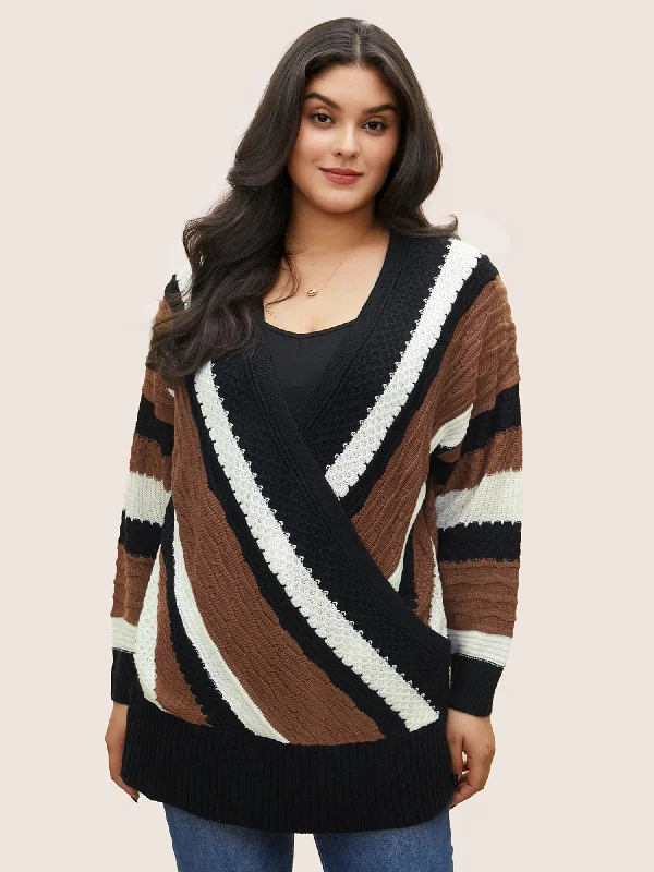 Contrast Colorblock Wrap Deep V Neck Pullover