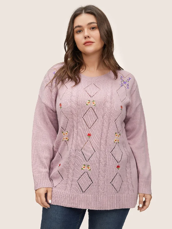 Floral Embroidered Geometric Hollow Out Cable Knit Pullover