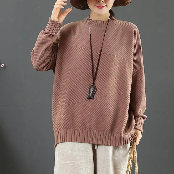 For Work light pink knitted pullover winter Loose fitting half high neck knitted blouse