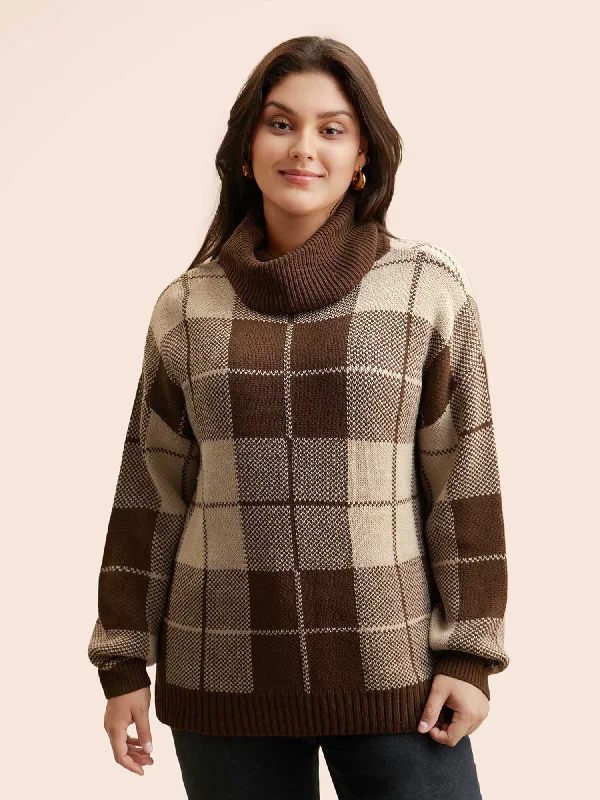 Plaid Turtleneck Drop Shoulder Pullover