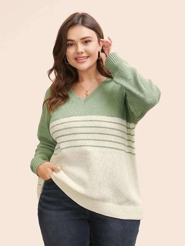 V Neck Striped Patchwork Pullover