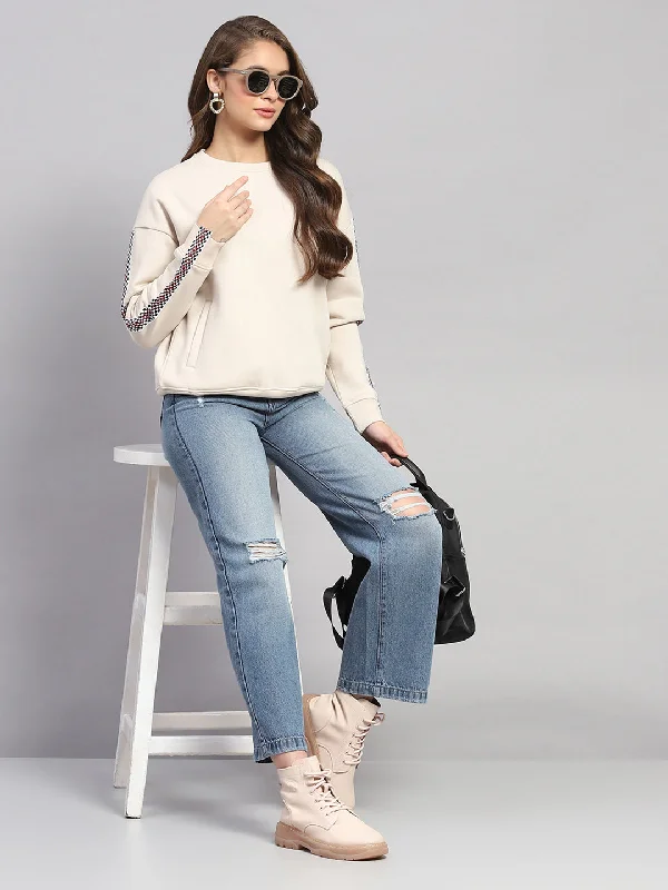 Women Beige Printed Round Neck Full Sleeve Sweatshirt