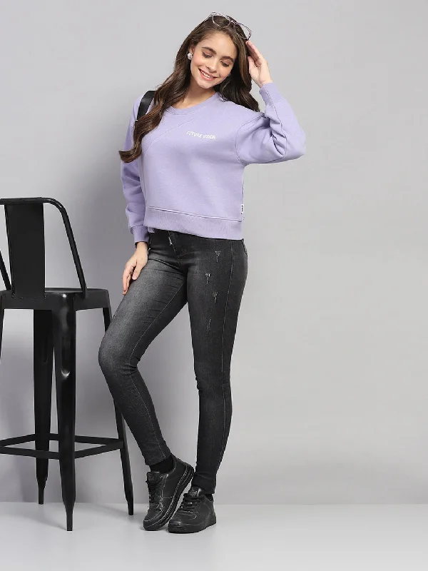 Women Purple Printed Round Neck Full Sleeve Sweatshirt