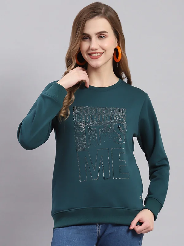 Women Teal Blue Printed Round Neck Full Sleeve Sweatshirts