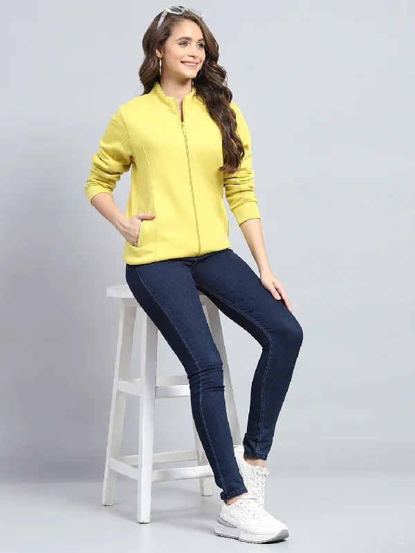 Women Yellow Solid Mock Neck Full Sleeve Sweatshirt