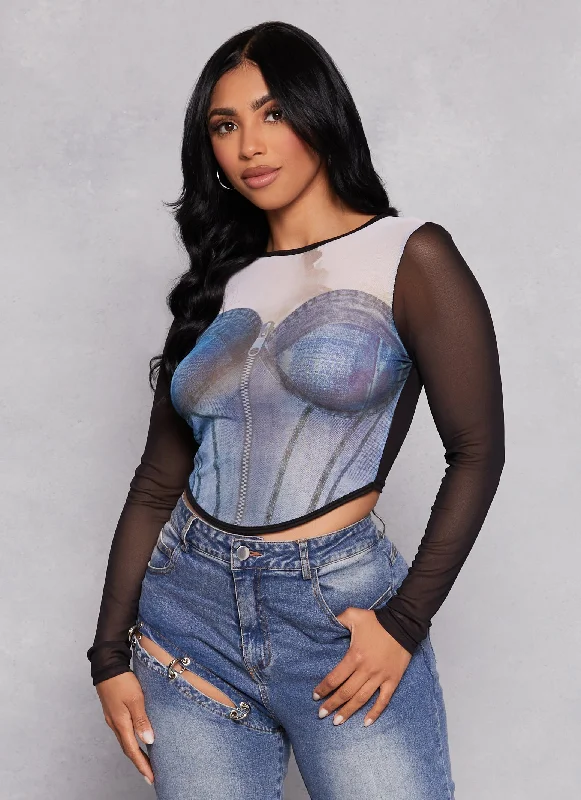 Mesh Denim Corset Graphic Crop Top