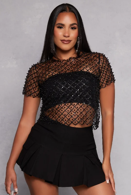 Mesh Faux Pearl Sequin Crop Top