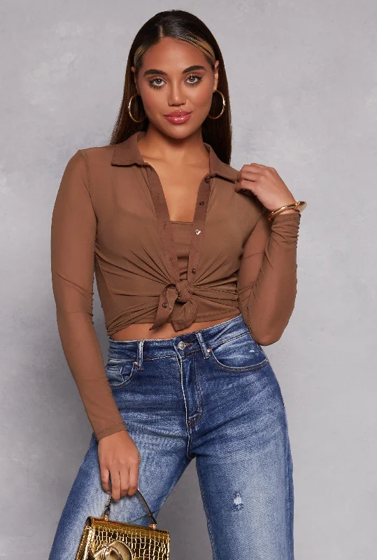 Mesh Button Front Shirt With Cami