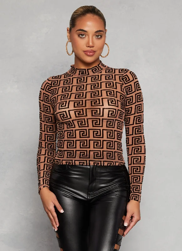 Patterned Velvet Burnout Mesh Top