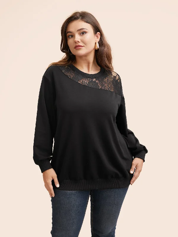 Crochet Lace Mesh Round Neck Sweatshirt