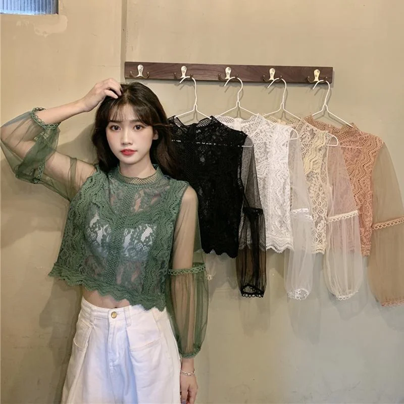 Women's Sweet Mesh Sleeved Hollow Crochet Lace Tops