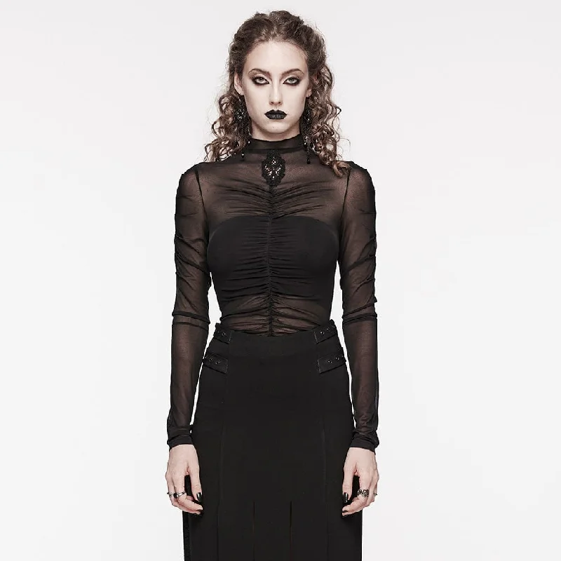 Women's Gothic Floral Embroidered Ruched Mesh Shirt