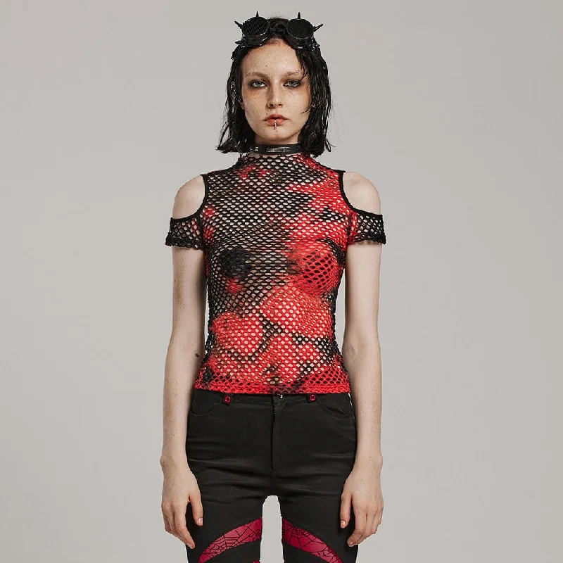 Women's Punk Tie-dyed Cutout Mesh Top Black-Red